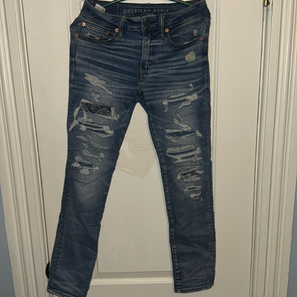 American Eagle Airflex 360 Slim Fit Bandana Patched Distressed Jeans Size 28x30